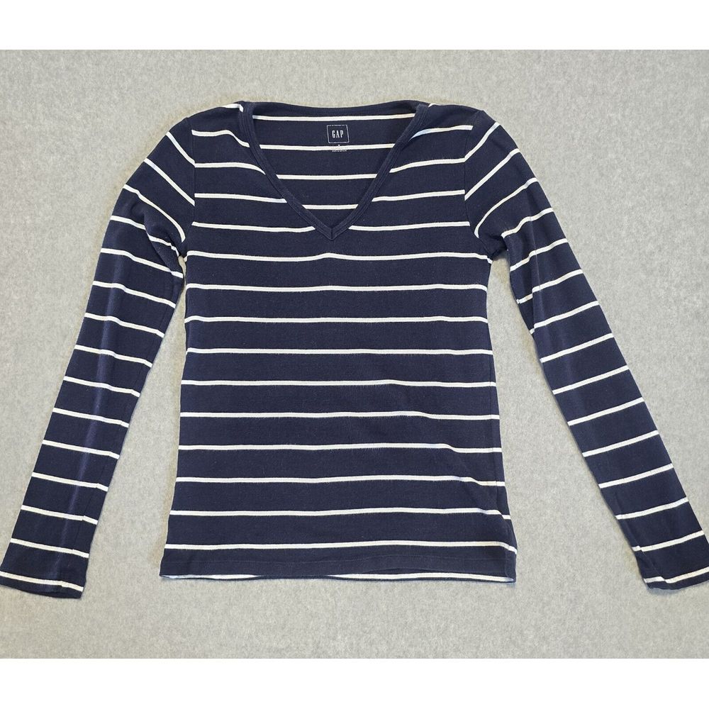 GAP Modern Tee Women M Navy Blue White Striped V-Neck Nautical Coastal Preppy - Picture 6 of 14